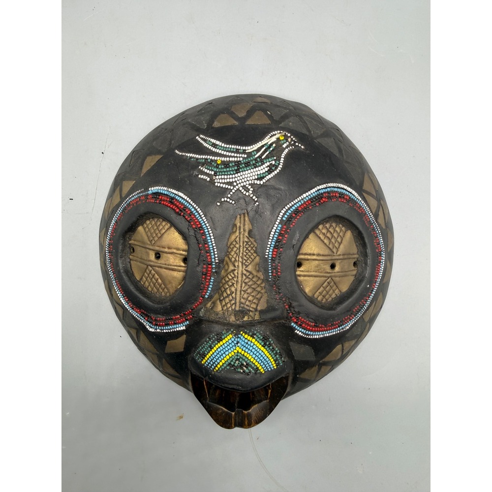 Hand Carved‎ African Beaded Wood Mask Bird Motif Brass Metal Inlay Wall Art 9" - Picture 2 of 7
